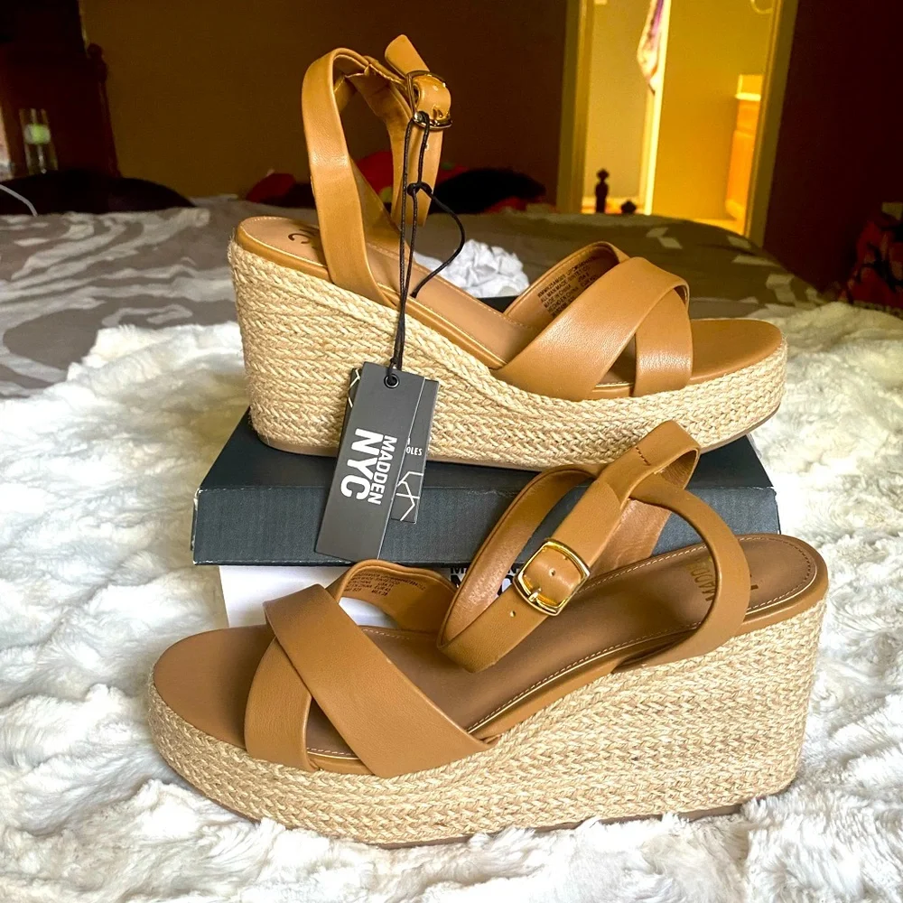 Women’s Tan Wedge Sandals with Ankle Strap